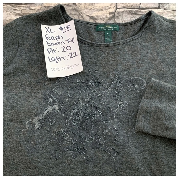 #58 LRL Ralph Lauren Jeans Embellished Beads Logo Gray Top Shirt XL Extra Large - Picture 2 of 2